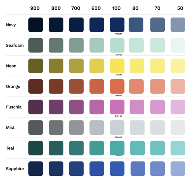 A design system colour palette: eight named ramps — Navy, Seafoam, Neon, Orange, Fuschia, Mist, Teal and Sapphire — each stepped from darkest to lightest across numbered tint levels.