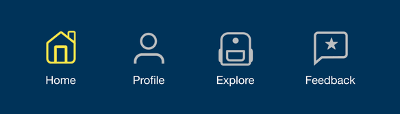 A bottom navigation bar with four tabs — Home, Profile, Explore, Feedback — cycling through hover and active states, each icon filling in or spinning as it's selected.