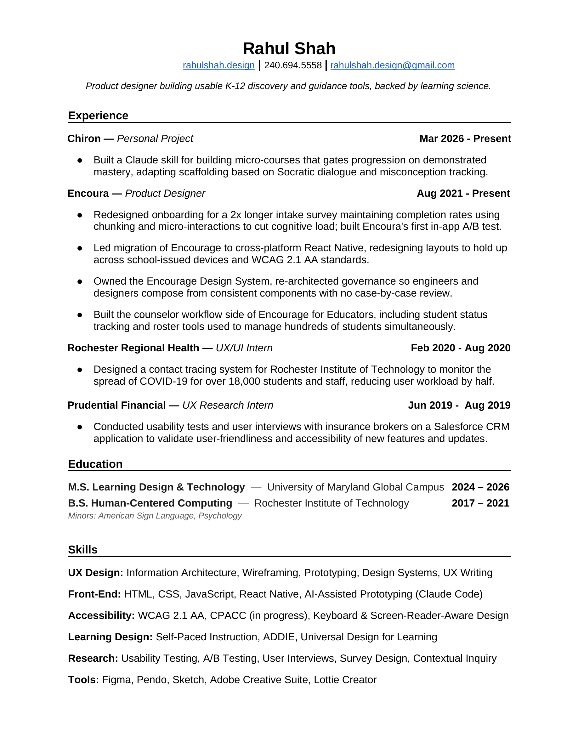 Rahul Shah's r&eacute;sum&eacute; — one page: experience at Chiron, Encoura, Rochester Regional Health and Prudential Financial, then education and a skills list. Download the PDF for the accessible text version.